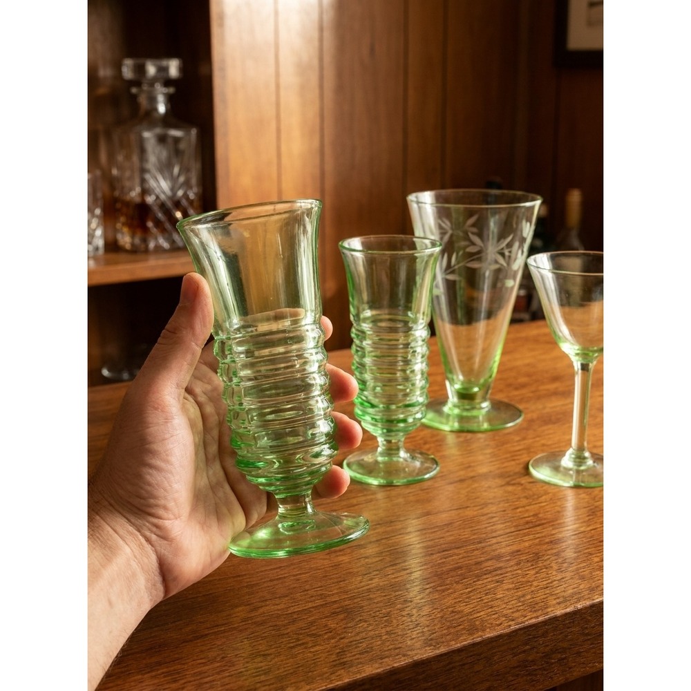 Antique 1930s‎ Vaseline Uranium Glass Set of 4 Pair Tumblers Etched Vase UV Glow